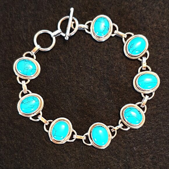 Vintage 925 Sterling Silver Genuine Black Vein Turquoise Cabochon Link Bracelet - Picture 1 of 13